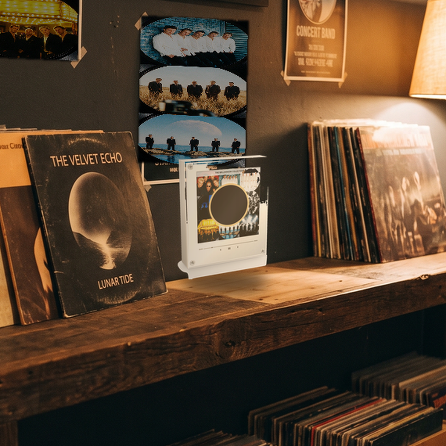 The Millennium Music Player on a shelf in a record collection